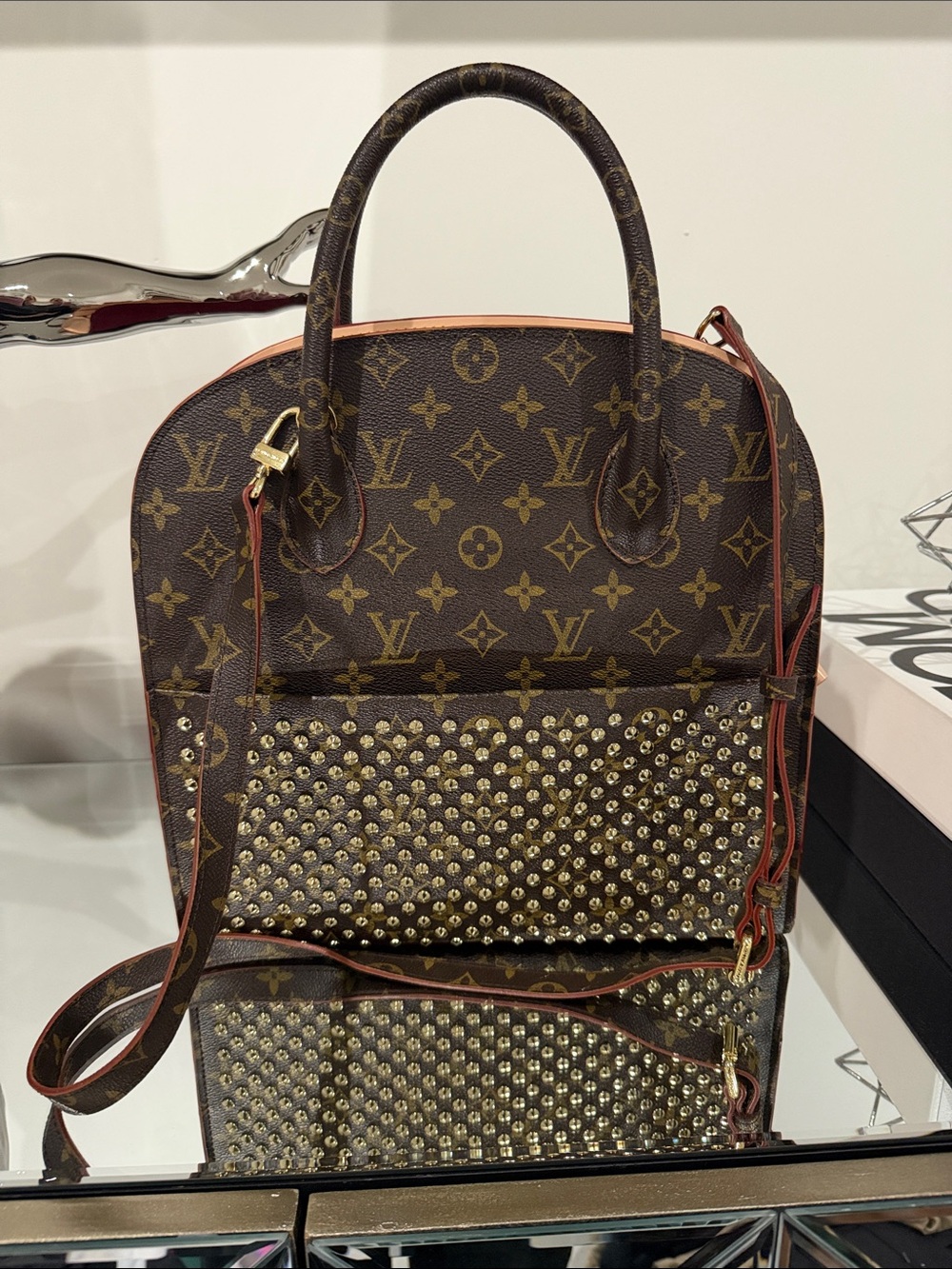 Monogram Studded Brown Satchel with Gold Accents inspired